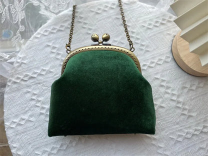 Vintage Green Velvet Pearl Clutch Bag