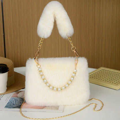 Pearl Chain Plush Shoulder Bag