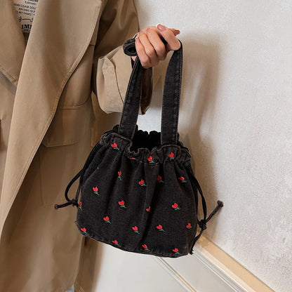 Embroidered Denim Drawstring Shoulder Tote Bag