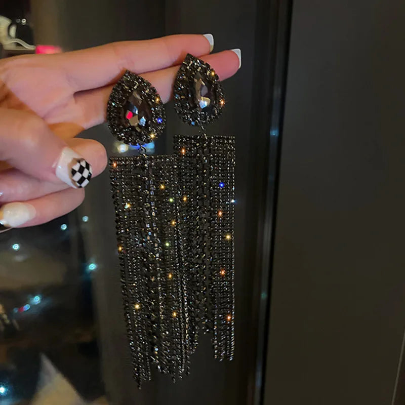 Water Drop Crystal Long Tassel Earrings