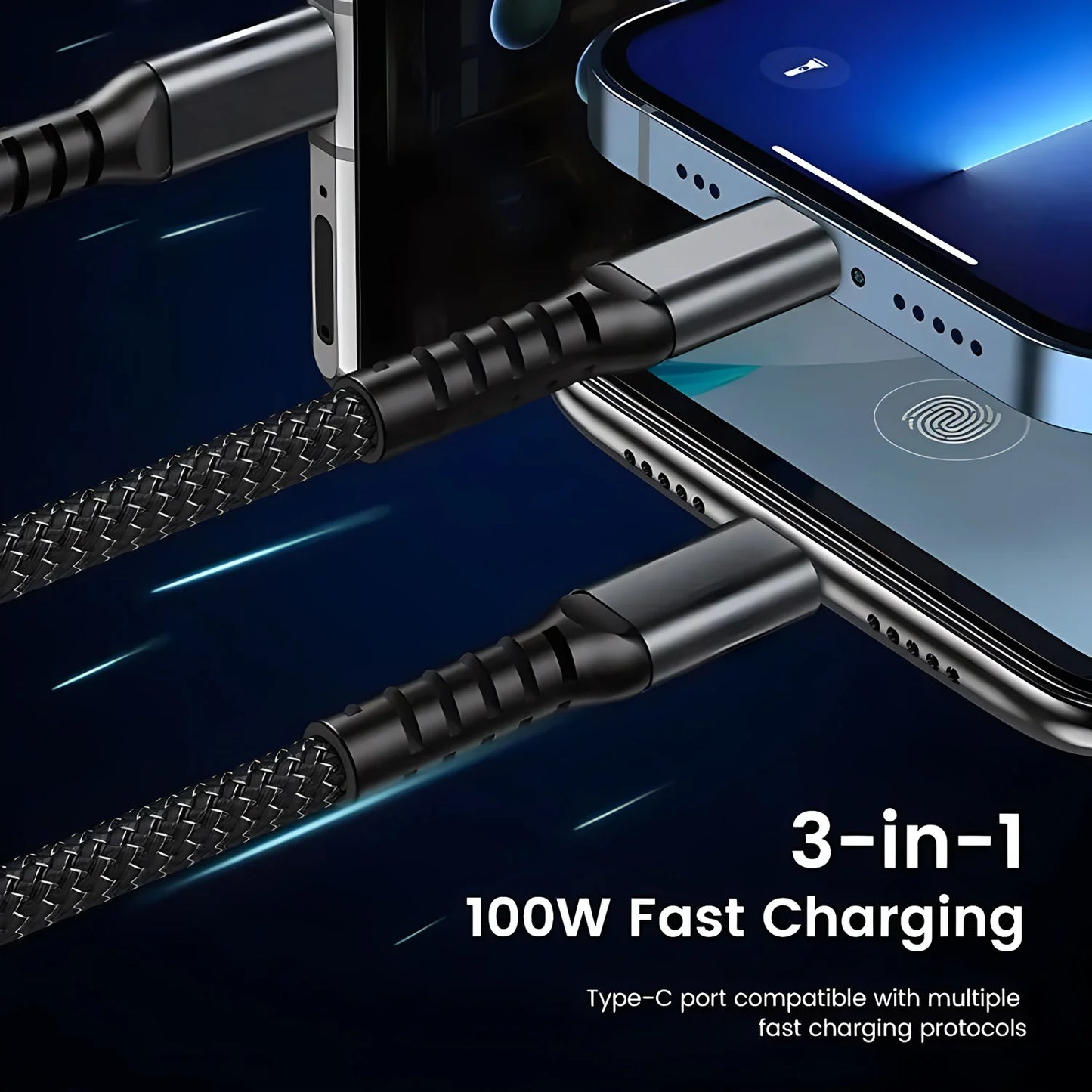 3-in-1 Fast Charging USB Cable – USB-A to Lightning, USB-C & Micro USB