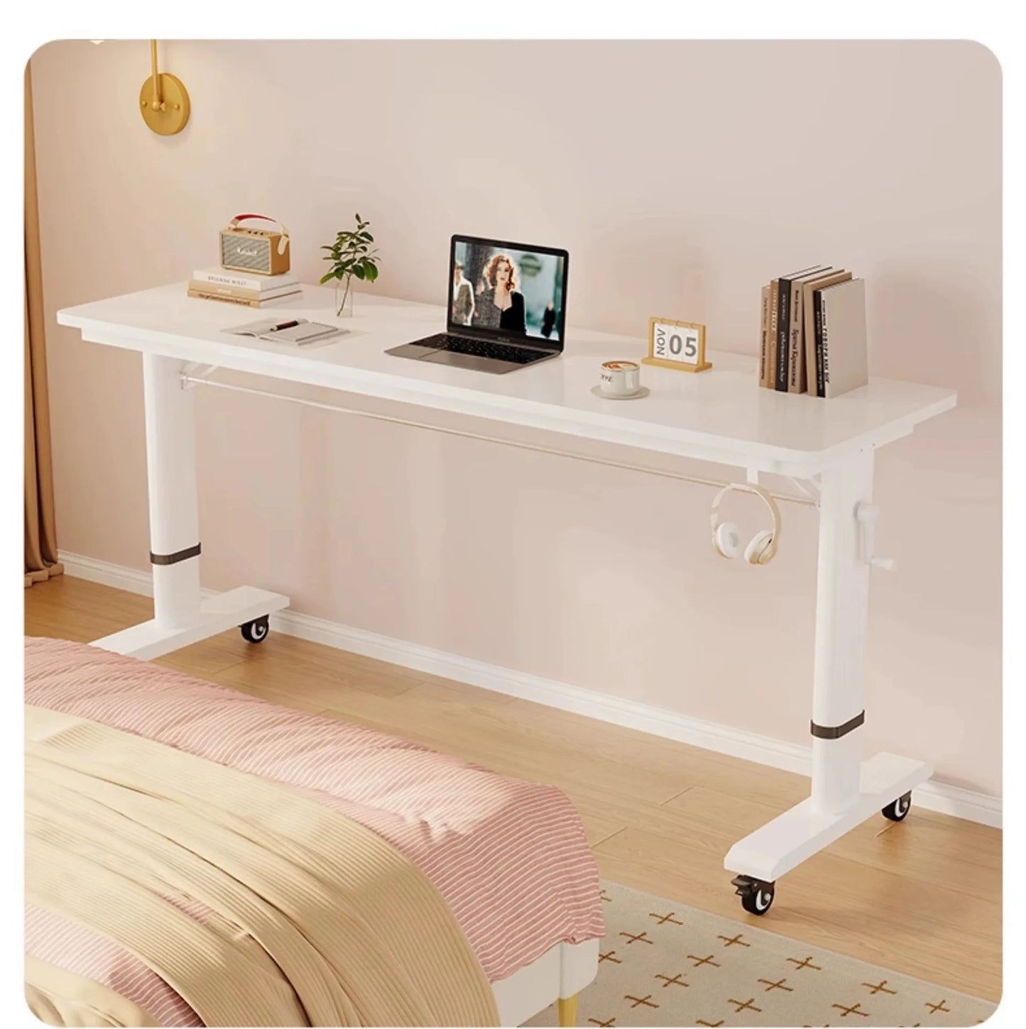 Adjustable Overbed Laptop Desk with Hand Crank & Wheels