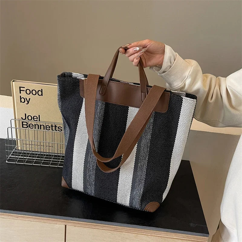 Striped Canvas Shoulder Tote Bag