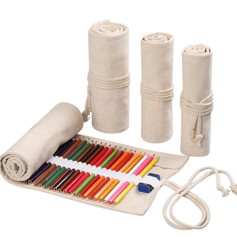 Canvas Roll-Up Pencil Case with Multi-Slot Storage