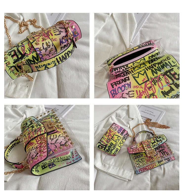 Studded Graffiti Crossbody Satchel Bag