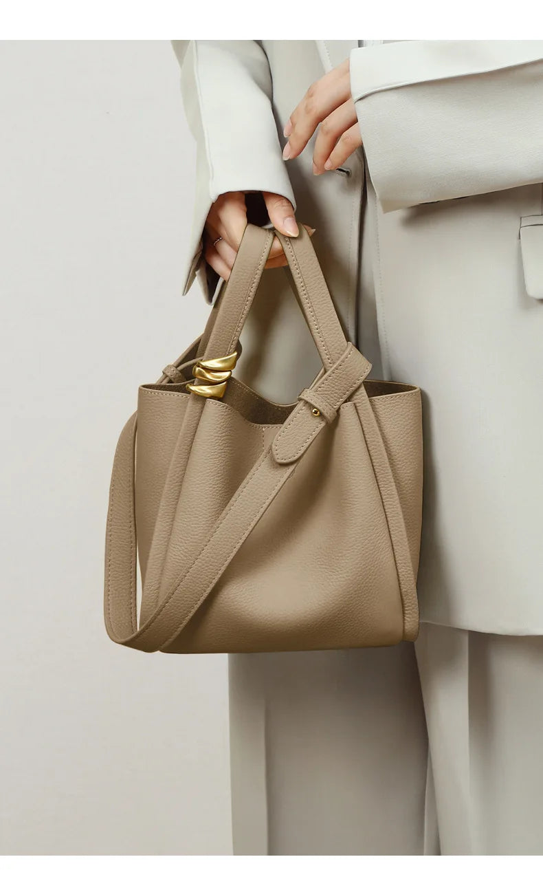 Genuine Leather Yellow Bucket Tote Bag for Women