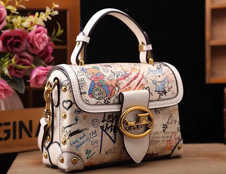 Vintage Graffiti Bear Top Handle Satchel Bag