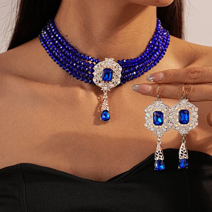 Multilayer Crystal Necklace & Geometric Earring Set