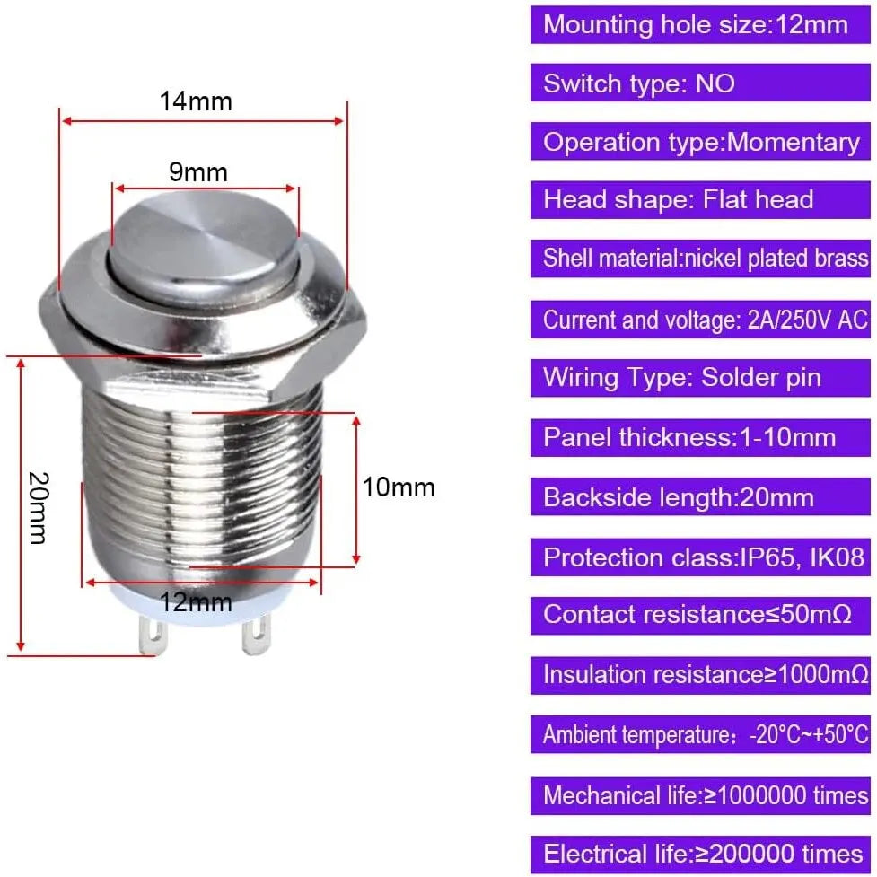 12mm Waterproof Momentary Push Button Switch