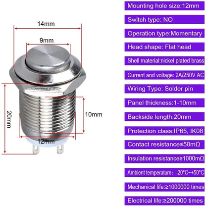12mm Waterproof Momentary Push Button Switch