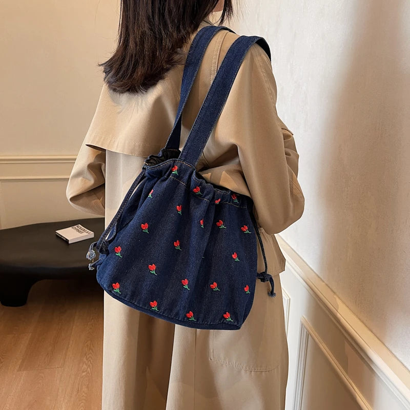 Embroidered Denim Drawstring Shoulder Tote Bag