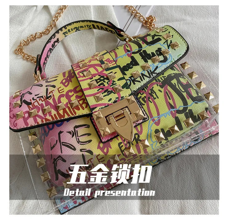 Studded Graffiti Crossbody Satchel Bag
