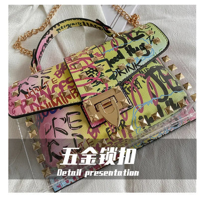 Studded Graffiti Crossbody Satchel Bag