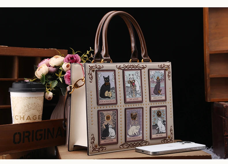 Vintage Cat Print Leather Tote Bag