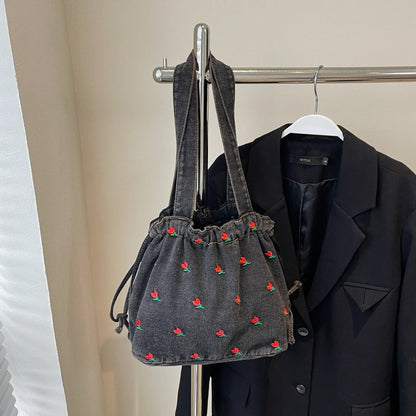 Embroidered Denim Drawstring Shoulder Tote Bag