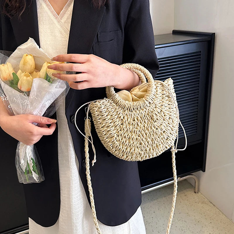 Handwoven Straw Rattan Crossbody Beach Bag