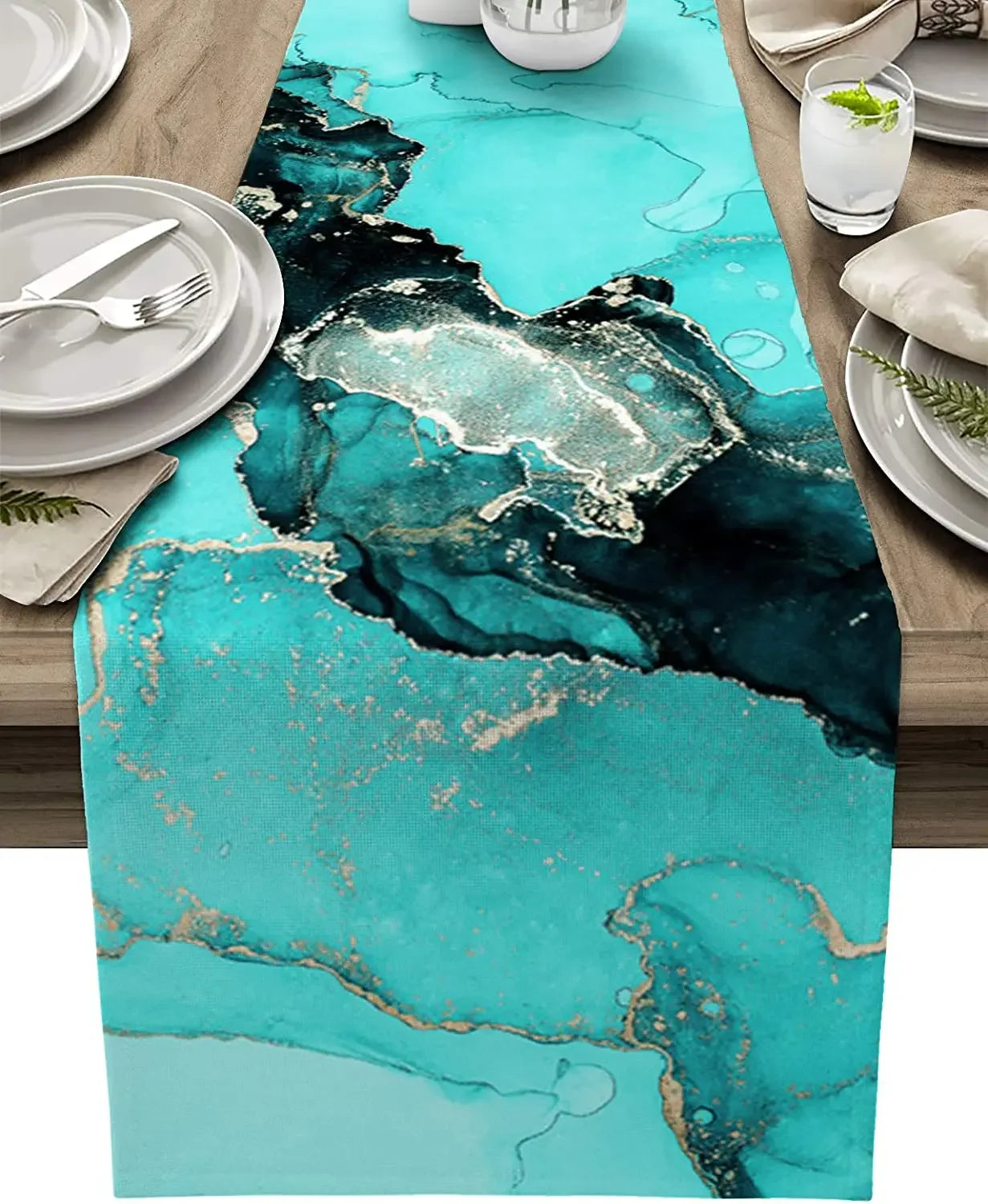 Black Grey Marble Linen Table Runner