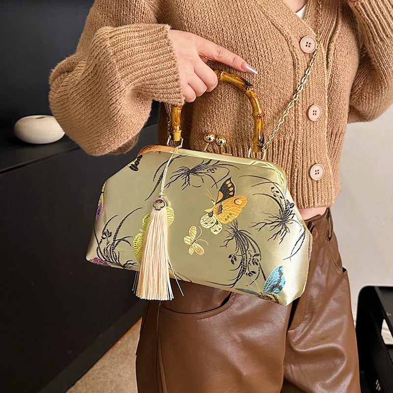 Luxury Embroidered Evening Handbag with Bamboo Handle