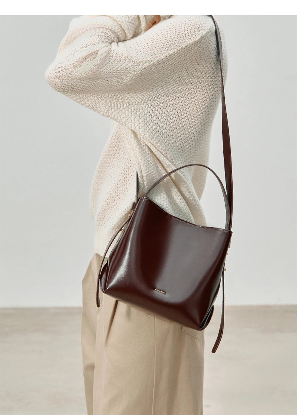 LA FESTIN Split Leather Bucket Tote Bag