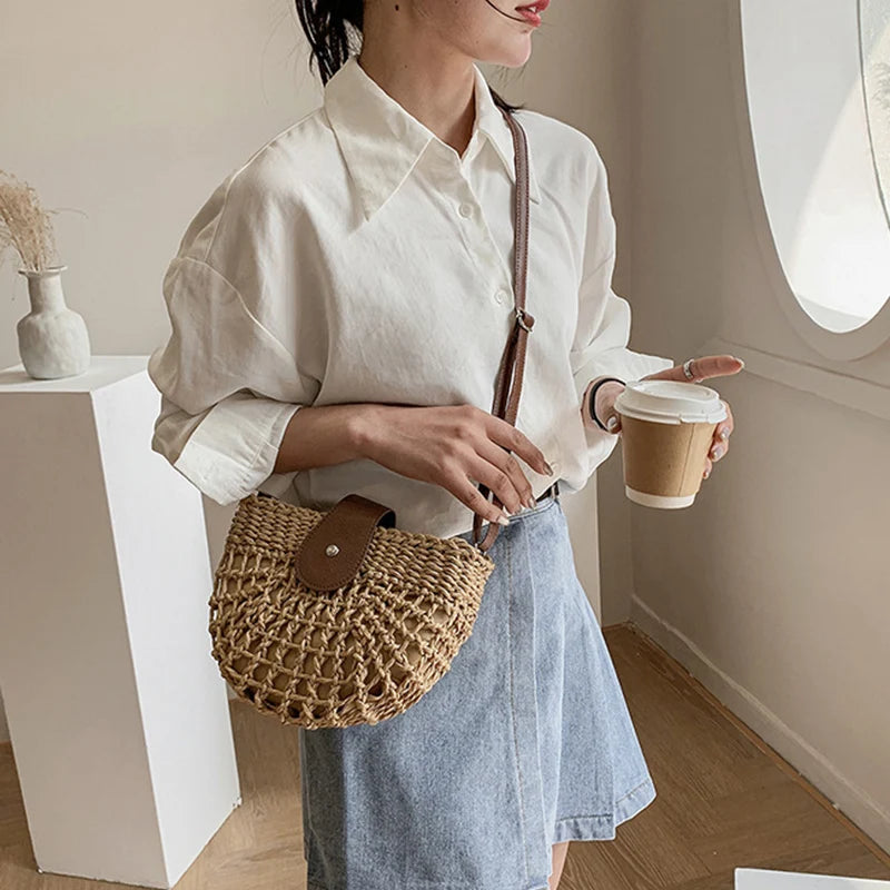 Handmade Half Moon Straw Crossbody Bag