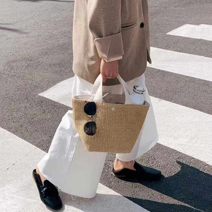 Woven Straw Bucket Tote Bag