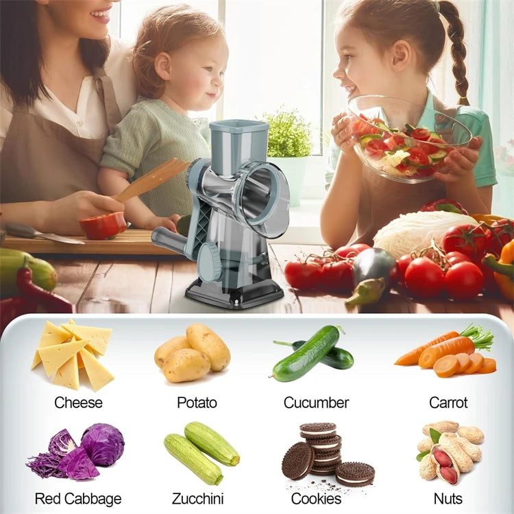 3-in-1 Rotary Cheese Grater & Vegetable Slicer with Stainless Steel Blades