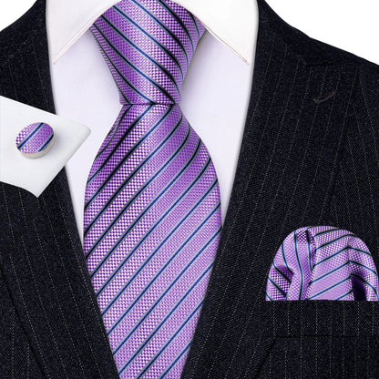 Barry Wang Jacquard Striped Silk Men's Tie Pocket Square Cufflinks Set