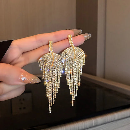 Blue Crystal Long Tassel Drop Earrings