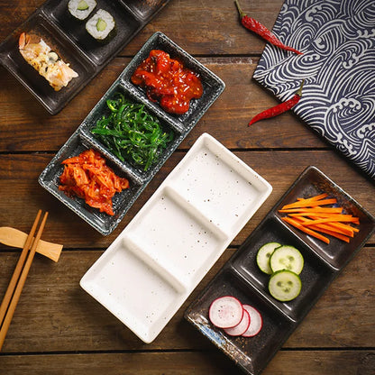 Japanese 3-Compartment Ceramic Sauce & Sushi Dish