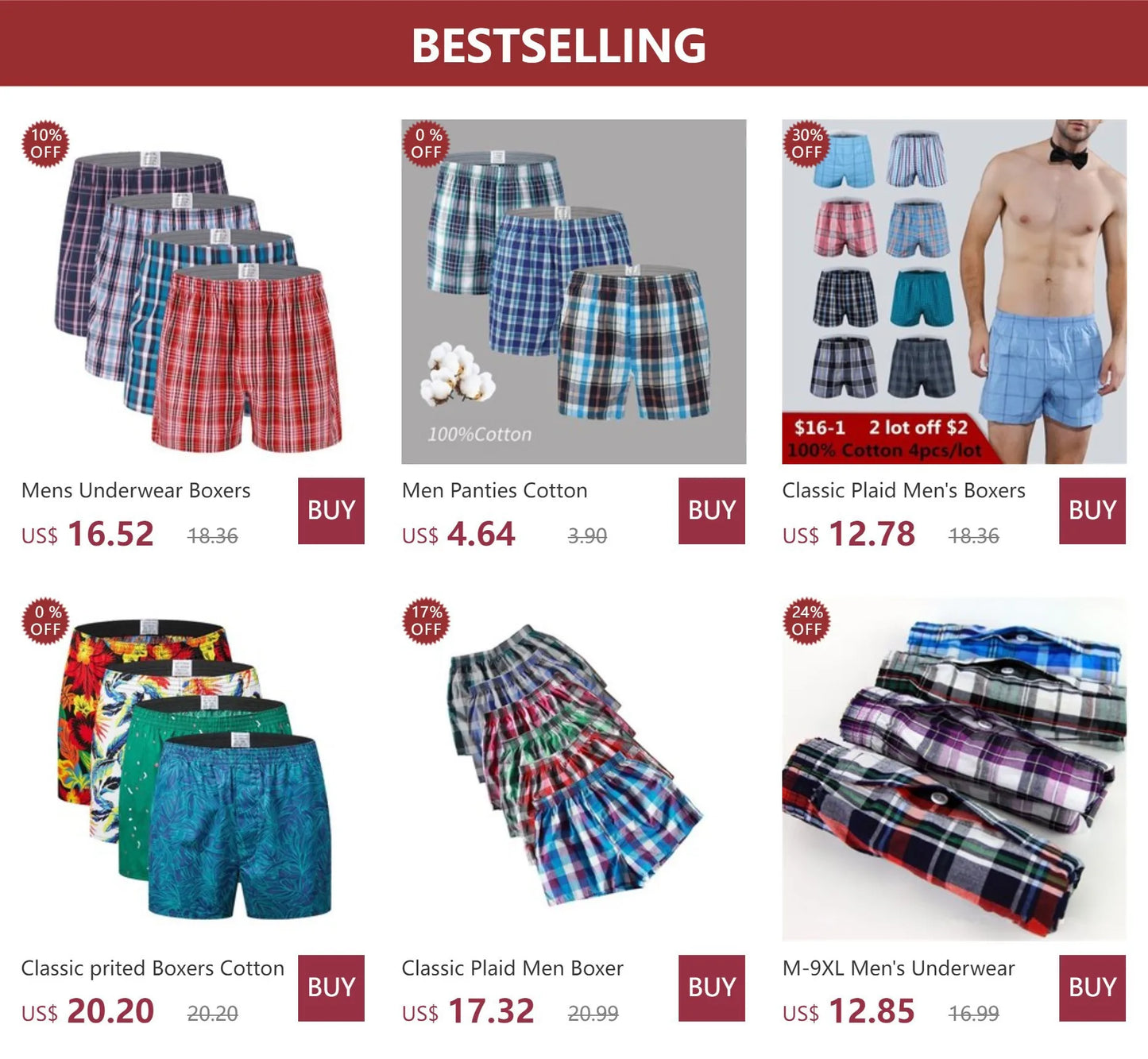 4Pcs/lot M-4XL Classic Men Boxer Shorts