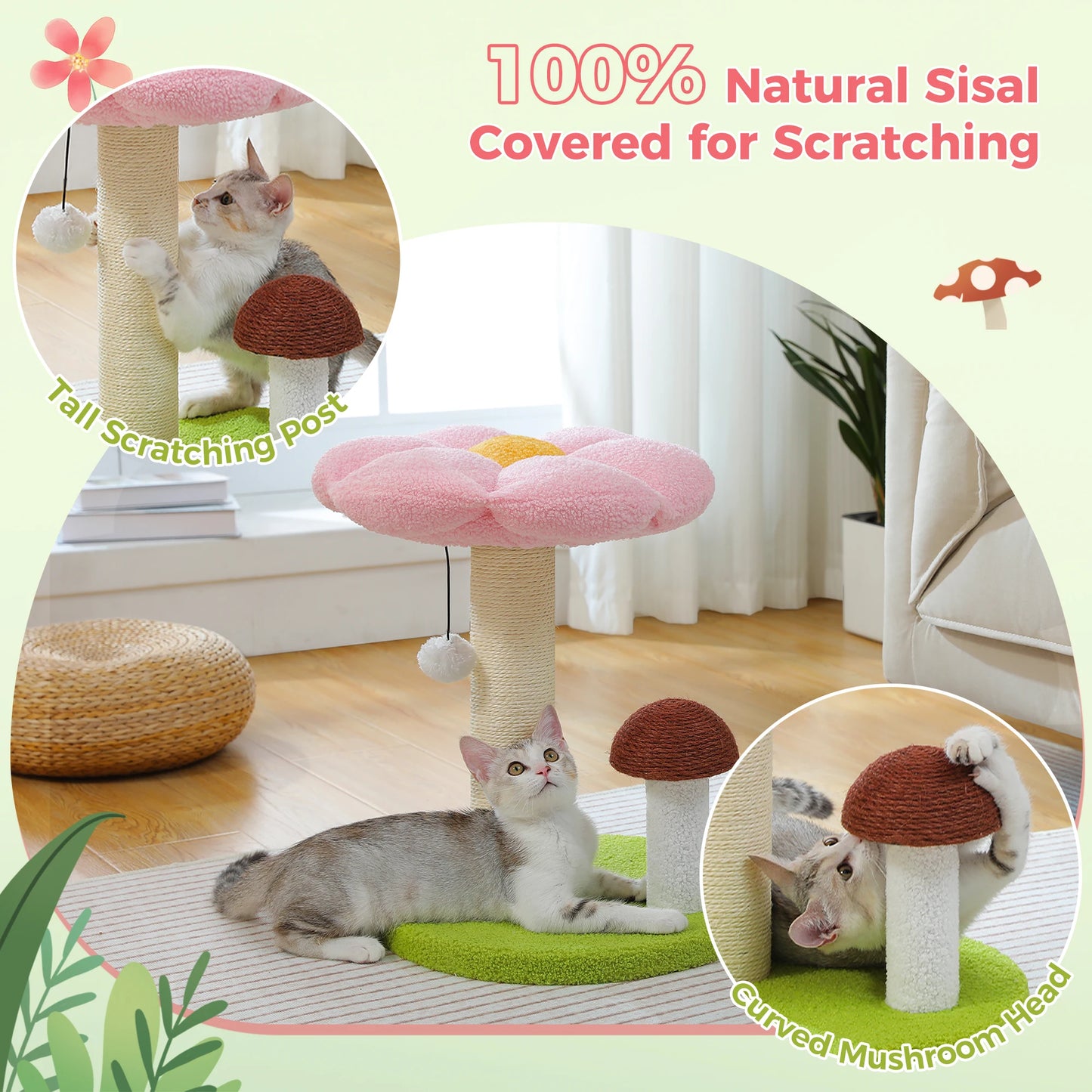 Flower Cat Scratching Tree with Mushroom Scratcher & Plush Bed