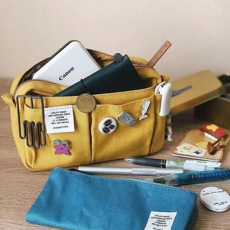 Large Capacity Canvas Pencil Case with Multi-Layer Storage