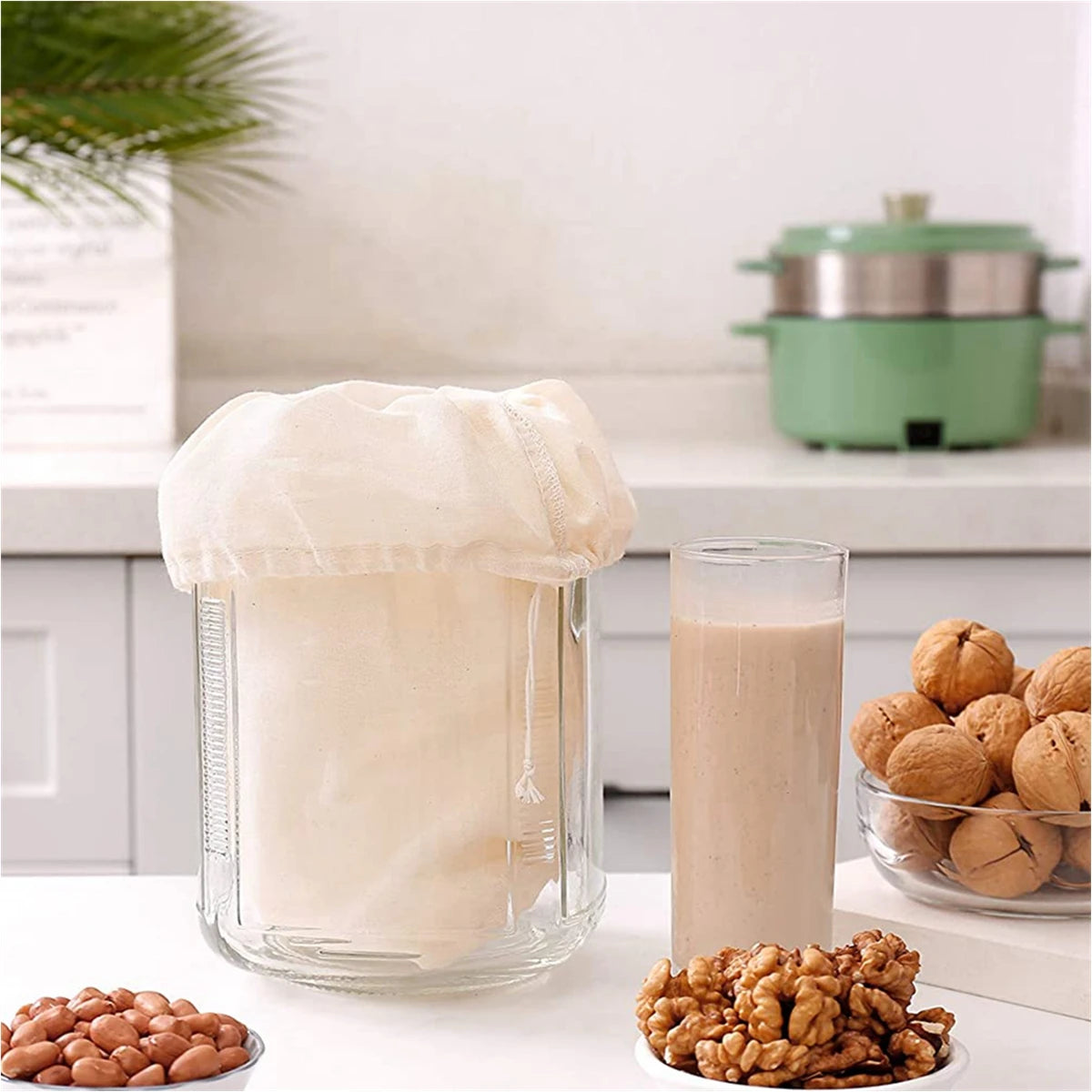 Reusable Drawstring Cotton Filter Bags for Nut Milk, Yogurt, Tea & Coffee