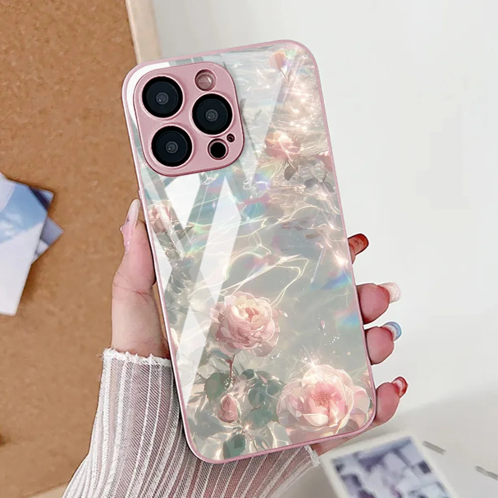 iPhone Case Floral Tempered Glass Red