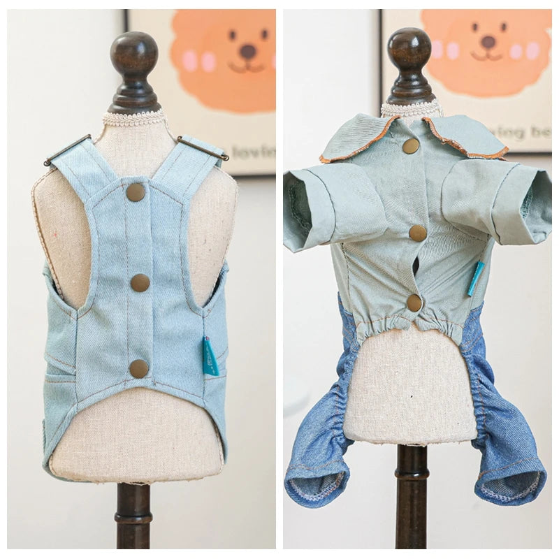 Fashion Dog Denim Jumpsuit with Bowknot Design