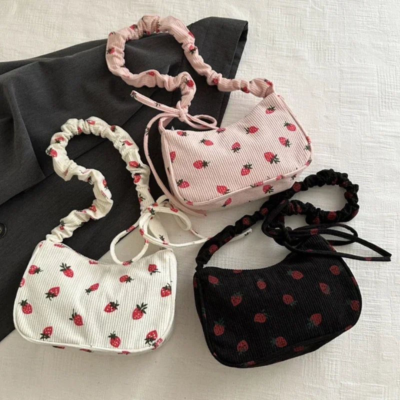 Strawberry Print Corduroy Mini Shoulder Bag