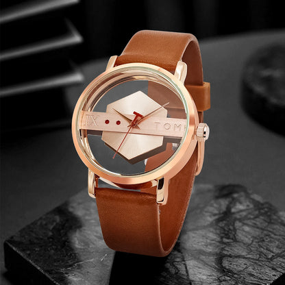Men's Minimalist Leather Quartz Watchmen watch, minimalist watch, leather strap watch, quartz watch, casual watch, fashion accessories, skeleton style watch, business casual watch, wristwatch