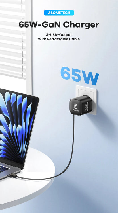 65W GaN USB Charger with Retractable Type-C Cable