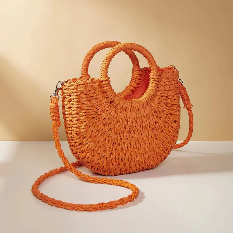 Handwoven Straw Rattan Crossbody Beach Bag