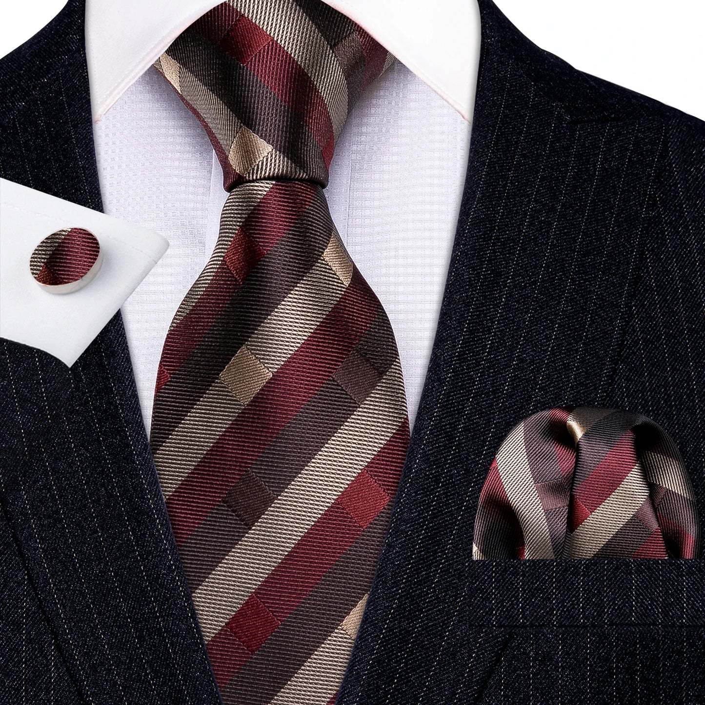 Barry Wang Jacquard Striped Silk Men's Tie Pocket Square Cufflinks Set
