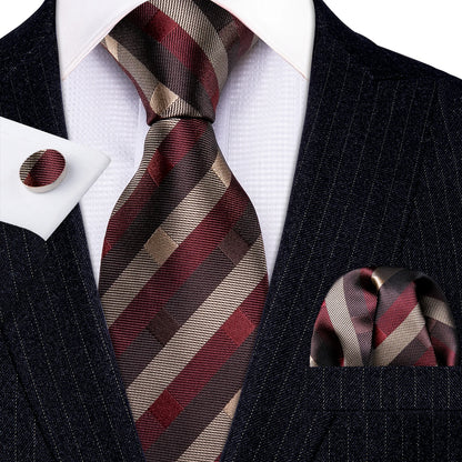 Barry Wang Jacquard Striped Silk Men's Tie Pocket Square Cufflinks Set