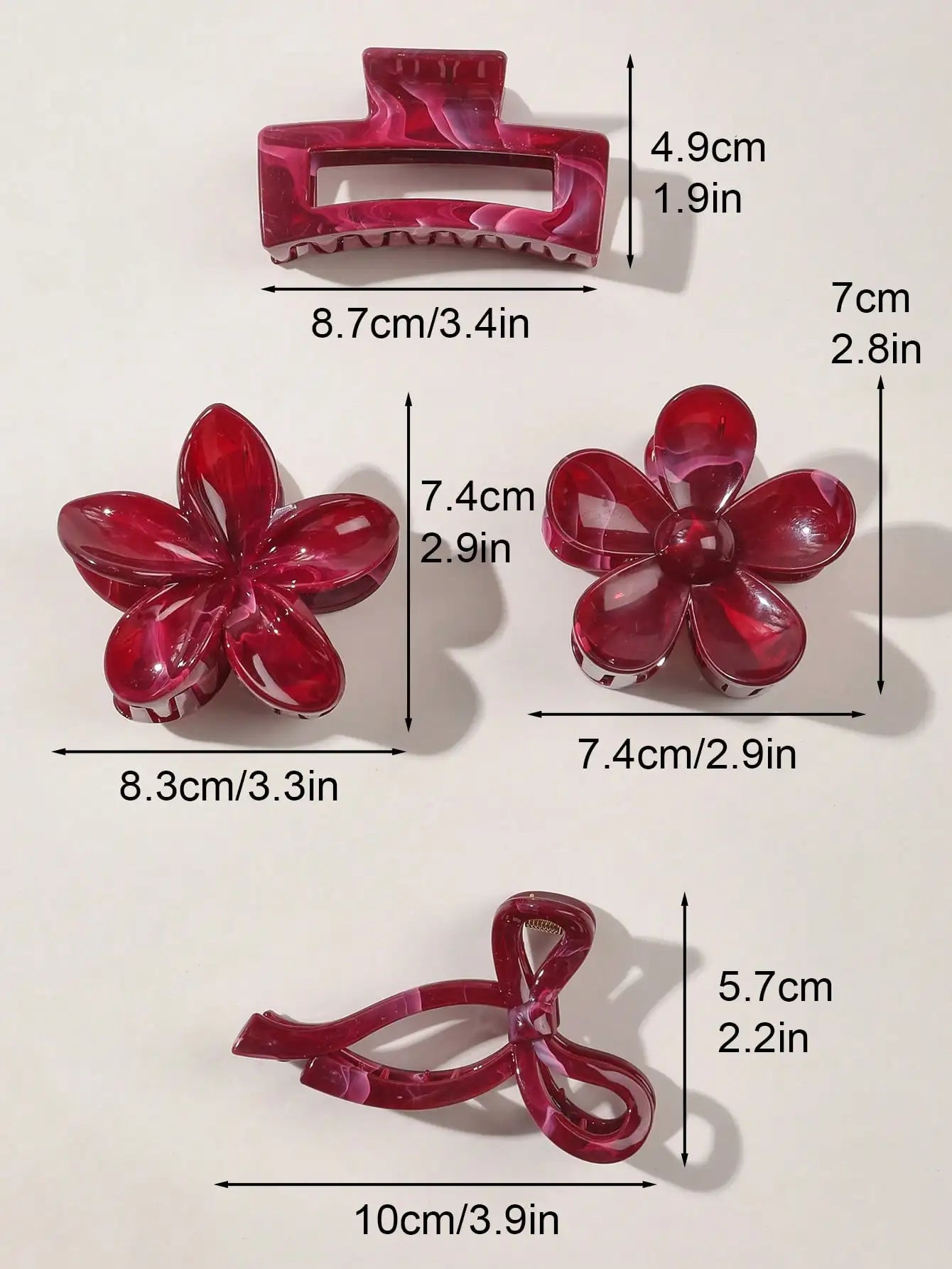Burgundy Bow Flower Hair Claw Clips Set