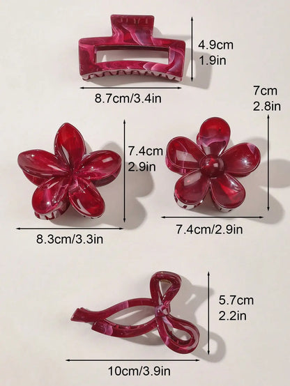 Burgundy Bow Flower Hair Claw Clips Set