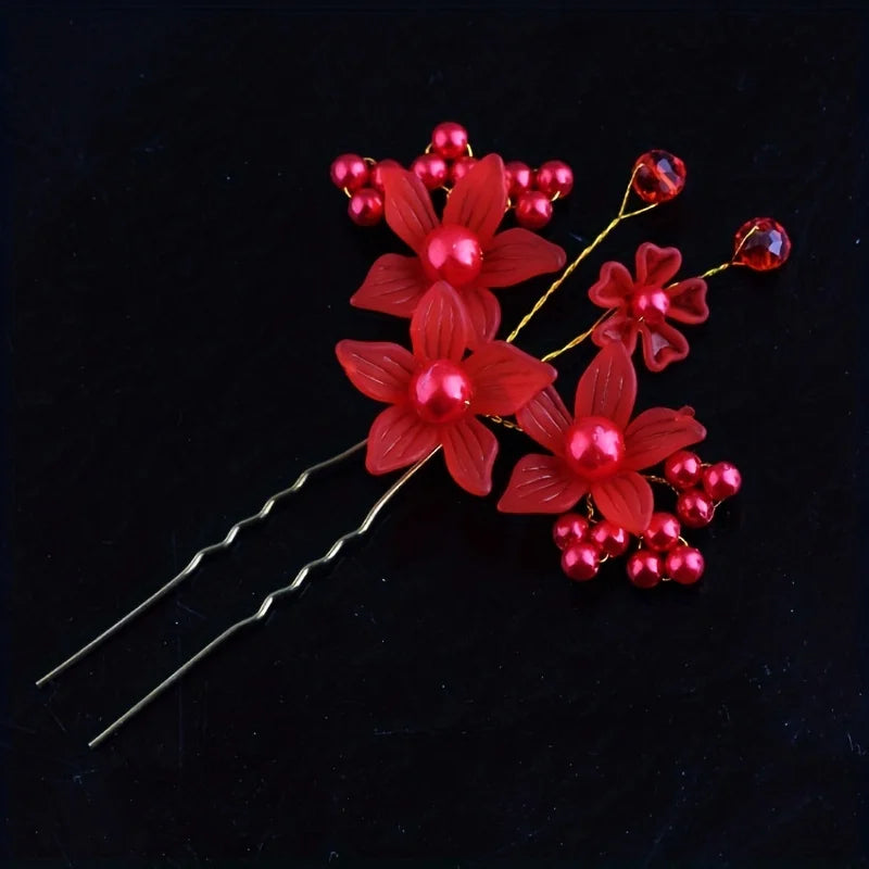 Pearl Rhinestone Flower Hair Pins