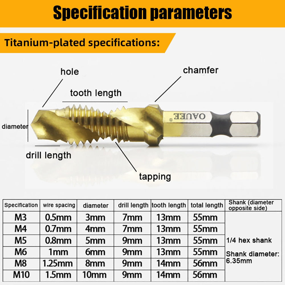 1/2/3/6Pcs Tap Drill Bit Hex Shank Titanium Plated HSS Screw Thread