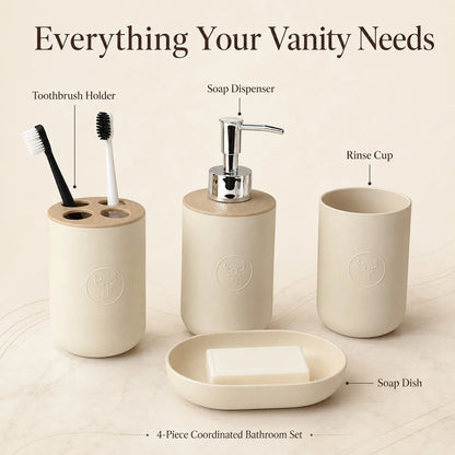 Plastic Soap Dispenser, Toothbrush Holder, Tumbler & Soap Dish Set
