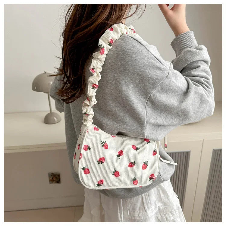 Strawberry Print Corduroy Mini Shoulder Bag