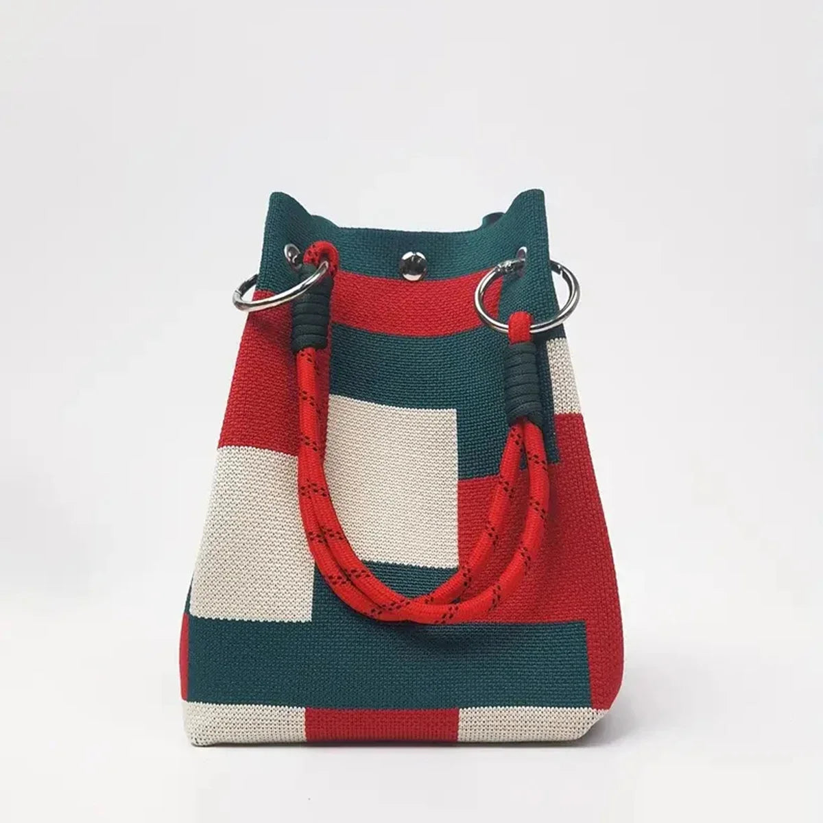 Color Block Knitted Cotton Bucket Tote Bag