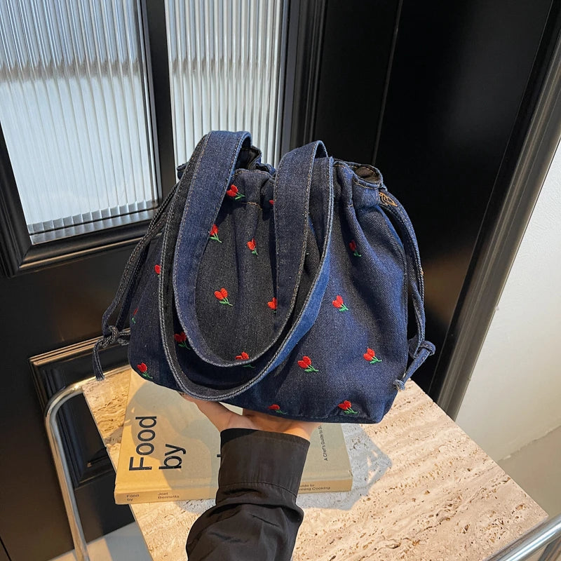 Embroidered Denim Drawstring Shoulder Tote Bag
