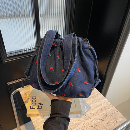 Embroidered Denim Drawstring Shoulder Tote Bag